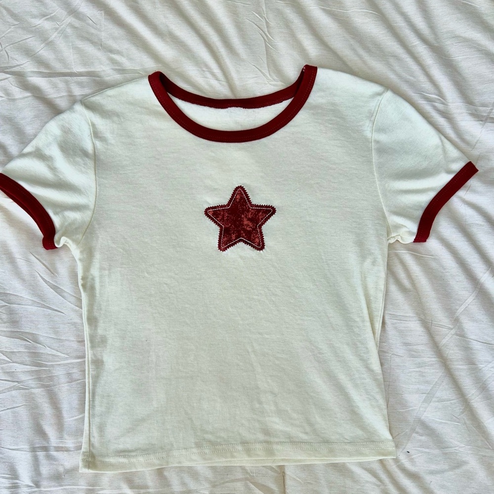Y2K 2000s red and white patchwork star crop top
